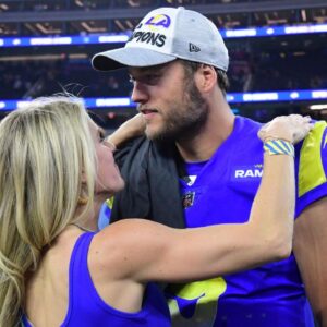 Los Angeles Rams quarterback Matthew Stafford (9) with wife Kelly Hall after defeating the San Francisco 49ers in the NFC Championship Game at SoFi Stadium.