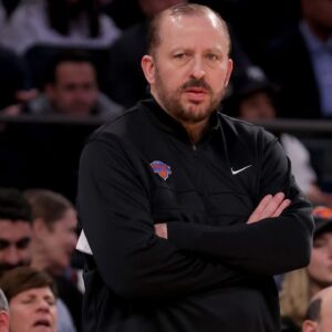 New York Knicks head coach Tom Thibodeau coaches against the Toronto Raptors during the second quarter at Madison Square Garden.