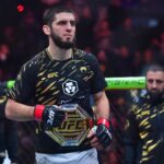 slam Makhachev (red gloves) reacts after defeating Renato Moicano (not pictured) in a lightweight title fight during UFC 311 at Intuit Dome.
