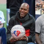 Kareem Abdul-Jabbar (L), Hakeem Olajuwon (C), Shaquille O'Neal (R)