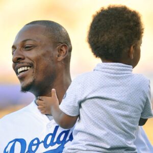 Los Angeles Clippers forward Paul Pierce in attendance with son Prince before the Los Angeles Dodgers play against the Oakland Athletics at Dodger Stadium