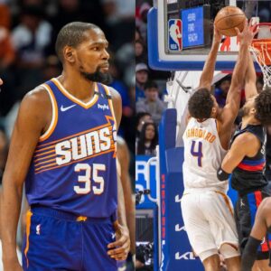 Devin Booker and Kevin Durant(L), Nick Richards, Cade Cunningham, and Ron Holland(R)