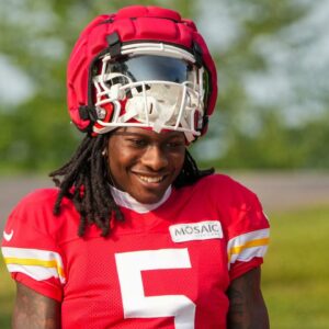 Kansas City Chiefs wide receiver Marquise “Hollywood” Brown (5) walks down the hill from the locker room to the fields during training camp at Missouri Western State University.
