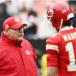 Dec 15, 2024; Cleveland, Ohio, USA; Kansas City Chiefs head coach Andy Reid talks to quarterback Patrick Mahomes (15) before the game between the Cleveland Browns and the Chiefs at Huntington Bank Field.