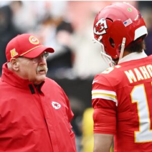 Dec 15, 2024; Cleveland, Ohio, USA; Kansas City Chiefs head coach Andy Reid talks to quarterback Patrick Mahomes (15) before the game between the Cleveland Browns and the Chiefs at Huntington Bank Field.