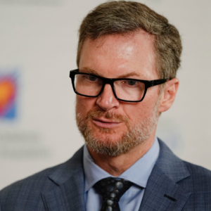 May 1, 2024; Columbus, OH, USA; NASCAR legend Dale Earnhardt Jr. talks to media following the Memorial Tournament Legends Luncheon at the Ohio Union. Earnhardt emceed the event.
