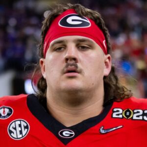 Georgia Bulldogs offensive lineman Tate Ratledge (69) against the TCU Horned Frogs during the CFP national championship game at SoFi Stadium.