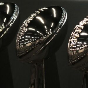 The Oakland and Las Los Angeles Raiders Vince Lombardi Super Bowl 11 (XI), Super Bowl 15 (XV) and Super Bowl 28 (XVIII) champion trophies at the Intermountain Health Performance Center.