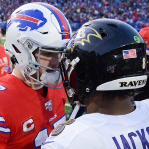Dec 8, 2019; Orchard Park, NY, USA; Buffalo Bills quarterback Josh Allen (17) meets Baltimore Ravens quarterback Lamar Jackson (8) at mid-field after a game at New Era Field.