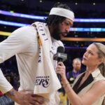 NBA on TNT reporter Allie LaForce (right) interviews Los Angeles Lakers forward Anthony Davis (3) after the game against the Boston Celtics at the Crypto.com Arena