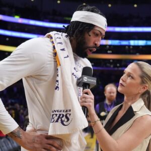 NBA on TNT reporter Allie LaForce (right) interviews Los Angeles Lakers forward Anthony Davis (3) after the game against the Boston Celtics at the Crypto.com Arena