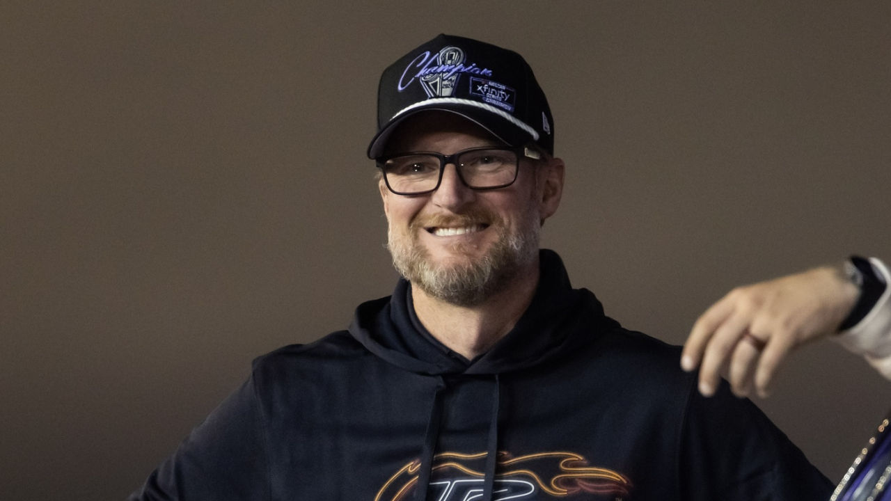 NASCAR Xfinity Series team owner Dale Earnhardt Jr celebrates with driver Justin Allgaier after winning the 2024 Xfinity Series championship during the Championship race at Phoenix Raceway.