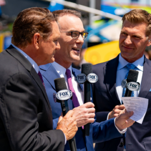 FORT WORTH, TX - APRIL 14: Broadcast team of Clint Bowyer, Kevin Harvick and Mike Joy do a preface segment on track before the NASCAR, Motorsport, USA Cup Series Autotrader EchoPark Automotive 400 on April 14, 2024 at Texas Motor Speedway in Fort Worth, TX. (Photo by Chris Leduc Icon Sportswire) AUTO: APR 14 NASCAR Cup Series AutoTrader EchoPark Automotive 400 EDITORIAL USE ONLY Icon240413150400