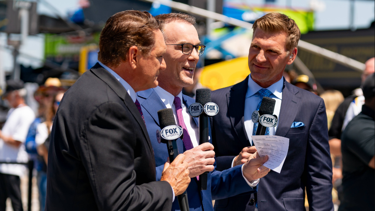 FORT WORTH, TX - APRIL 14: Broadcast team of Clint Bowyer, Kevin Harvick and Mike Joy do a preface segment on track before the NASCAR, Motorsport, USA Cup Series Autotrader EchoPark Automotive 400 on April 14, 2024 at Texas Motor Speedway in Fort Worth, TX. (Photo by Chris Leduc Icon Sportswire) AUTO: APR 14 NASCAR Cup Series AutoTrader EchoPark Automotive 400 EDITORIAL USE ONLY Icon240413150400