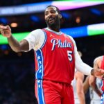 Philadelphia 76ers center Andre Drummond (5) reacts against the Orlando Magic in the second quarter at Wells Fargo Center.