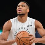 Milwaukee Bucks forward Giannis Antetokounmpo (34) warms up before game against the Portland Trail Blazers at Fiserv Forum.