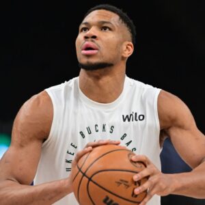 Milwaukee Bucks forward Giannis Antetokounmpo (34) warms up before game against the Portland Trail Blazers at Fiserv Forum.