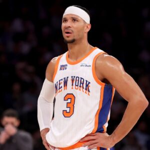 New York Knicks guard Josh Hart (3) reacts during the third quarter against the Oklahoma City Thunder at Madison Square Garden.