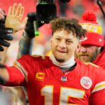 Jan 18, 2025; Kansas City, Missouri, USA; Kansas City Chiefs quarterback Patrick Mahomes (15) shakes hands with fans after defeating the Houston Texans in a 2025 AFC divisional round game at GEHA Field at Arrowhead Stadium.