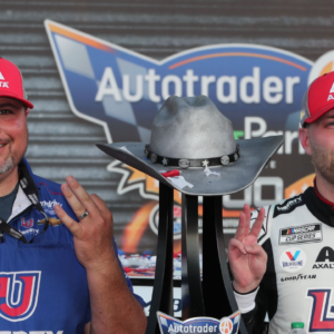 NASCAR Cup Series driver William Byron (24) and crew chief Rudy Fugle after winning the AutoTrader EcoPark Automotive 400 at Texas Motor Speedway.