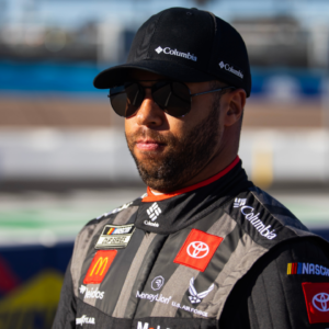 Nov 9, 2024; Avondale, Arizona, USA; NASCAR Cup Series driver Bubba Wallace (23) during qualifying for the Championship race at Phoenix Raceway. Mandatory Credit: Mark J. Rebilas-Imagn Images