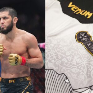 Islam Makhachev (L), Islam's custom shorts for UFC 311 (R)