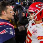 Dec 8, 2019; Foxborough, MA, USA; New England Patriots quarterback Tom Brady (12) and Kansas City Chiefs quarterback Patrick Mahomes (15) after the game at Gillette Stadium.