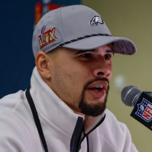 Philadelphia Eagles linebacker Zack Baun (53) during a press conference in advance of Super Bowl LIX at New Orleans Marriott.