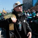 Philadelphia Eagles cornerback Cooper DeJean (33) celebrates during the Super Bowl LIX championship parade and rally.
