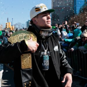 Philadelphia Eagles cornerback Cooper DeJean (33) celebrates during the Super Bowl LIX championship parade and rally.