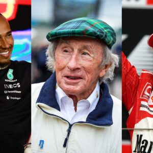 Lewis Hamilton (L), Jackie Stewart (M), and Michael Schumacher (R)