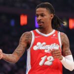 Memphis Grizzlies guard Ja Morant (12) reacts during the first half against the New York Knicks at Madison Square Garden.