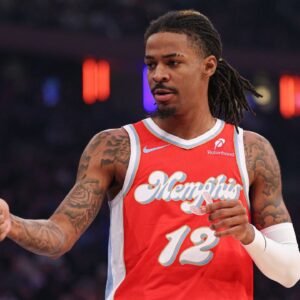 Memphis Grizzlies guard Ja Morant (12) reacts during the first half against the New York Knicks at Madison Square Garden.