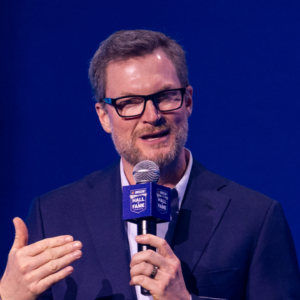Former driver Dale Earnhardt Jr. talks about his future during the 2025 NASCAR Hall Of Fame inductions at Charlotte Convention Center Crown Ballroom.