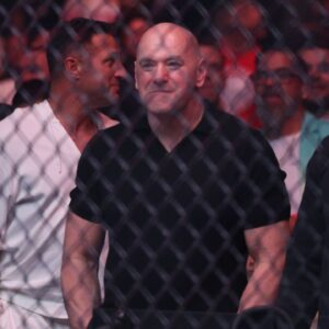 UFC CEO Dana White watches the fight between Cub Swanson (red gloves) and Billy Quarantillo (blue gloves) at Amalie Arena.