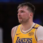 Los Angeles Lakers guard Luka Doncic (77) looks on from the court against the Utah Jazz at Crypto.com Arena.