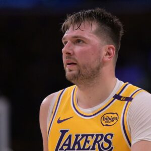 Los Angeles Lakers guard Luka Doncic (77) looks on from the court against the Utah Jazz at Crypto.com Arena.