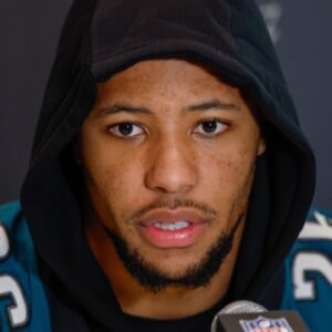 Philadelphia Eagles running back Saquon Barkley (26) during a press conference in advance of Super Bowl LIX at New Orleans Marriott.