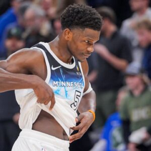 Minnesota Timberwolves guard Anthony Edwards (5) walks off the court after losing to the Milwaukee Bucks at Target Center.