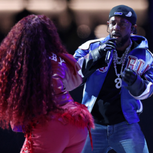 Recording artist SZA and recording artist Kendrick Lamar perform during halftime Super Bowl LIX at Caesars Superdome.