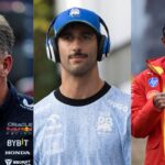 Christian Horner (L), Daniel Ricciardo (M) and Lewis Hamilton (R)