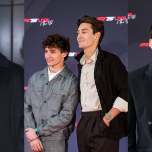 Lewis Hamilton (L), Kimi Antonelli and George Russell (M), Charles Leclerc (R)