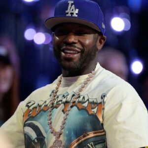 ; Floyd Mayweather Jr. during the 1st quarter of the Emirates NBA Cup championship game between the Oklahoma City Thunder and Milwaukee Bucks at T-Mobile Arena.