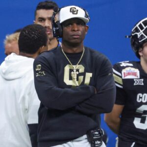 Dec 28, 2024; San Antonio, TX, USA; Colorado Buffaloes head coach Deion Sanders reacts from the sideline during the third quarter against the Brigham Young Cougars at Alamodome.