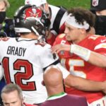 Feb 7, 2021; Tampa, FL, USA; Tampa Bay Buccaneers quarterback Tom Brady (12) greets Kansas City Chiefs quarterback Patrick Mahomes (15) after Super Bowl LV at Raymond James Stadium.
