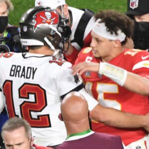 Feb 7, 2021; Tampa, FL, USA; Tampa Bay Buccaneers quarterback Tom Brady (12) greets Kansas City Chiefs quarterback Patrick Mahomes (15) after Super Bowl LV at Raymond James Stadium.
