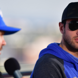 NASCAR Cup Series driver Chase Elliott (9) and driver Kyle Larson (5) during media availabilities at Los Angeles Memorial Coliseum.