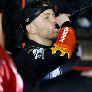 Feb 16, 2025; Daytona Beach, Florida, USA; NASCAR Cup Series driver William Byron (24) reacts after winning the Daytona 500 at Daytona International Speedway. Mandatory Credit: Peter Casey-Imagn Images