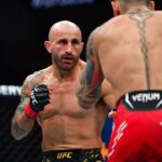 Alexander Volkanovski fights against Ilia Topuria during UFC 298 at Honda Center.