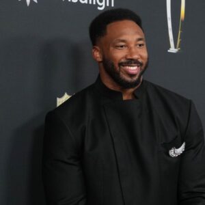 Myles Garrett on the red carpet before Super Bowl LIX NFL Honors at Saenger Theatre